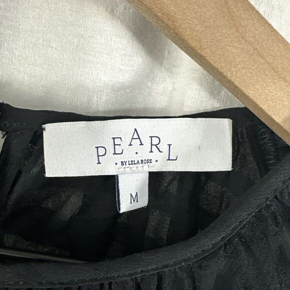Pearl By Lela Rose Sheer Black Windowpane 3/4 Peasant Top Womens Size M - Picture 3 of 13